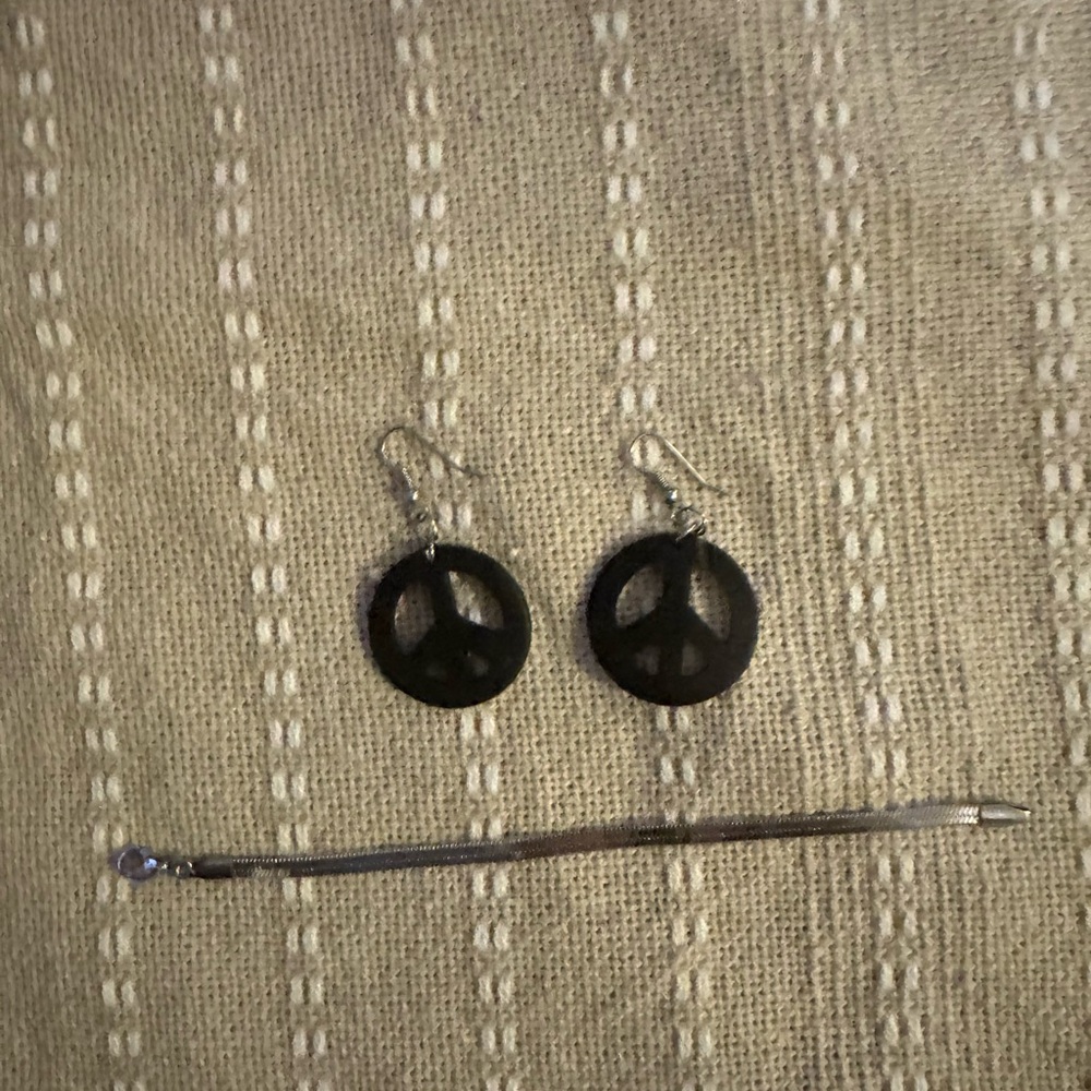 Black Peace Sign Earrings and Silver Bracelet Set